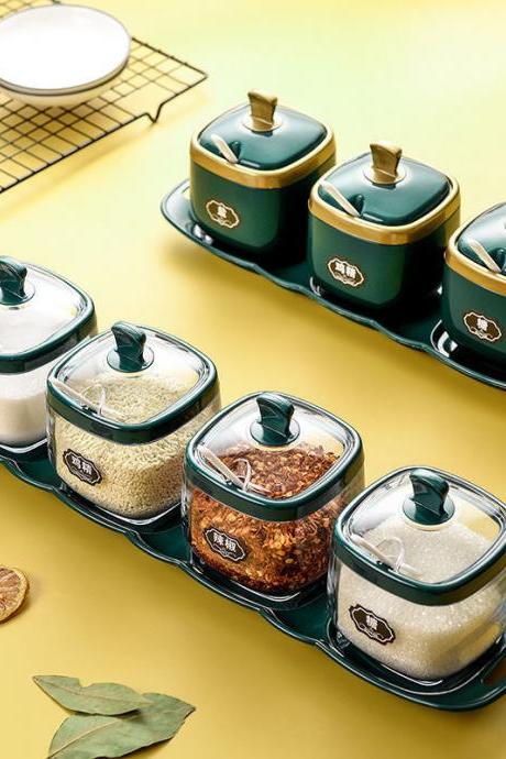 Spice Bottle Plastic Seasoning Jar With Spoon Salt Shaker Sugar Container Sauce Bowl Dispenser Spice Rack Kitchen Gadgets