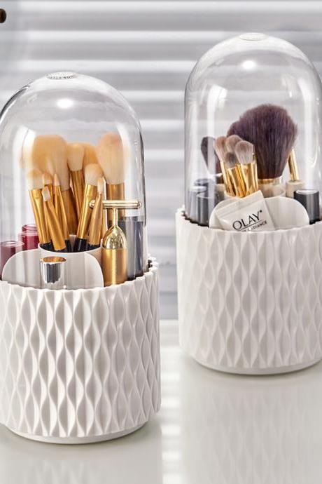 Makeup Brush Holder Organizer,360 Rotating Cosmetics Makeup Organizer Storage With Lid For Vanity And Bashroom