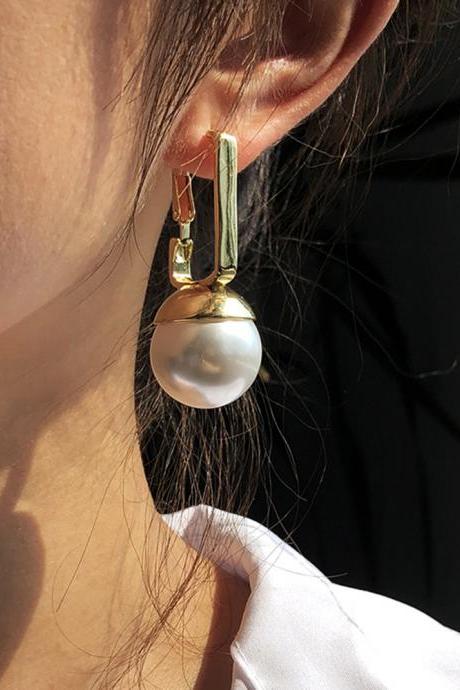 Fashion Big Pearl Drop Earrings For Women Statement Copper Alloy Geometric Earring