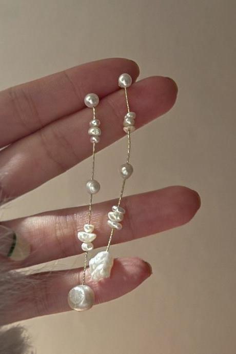 French Baroque Freshwater Pearl Dangle Earrings For Women 14k Gold Plated Copper Long Chain Tassel Earring Bridal Jewelry