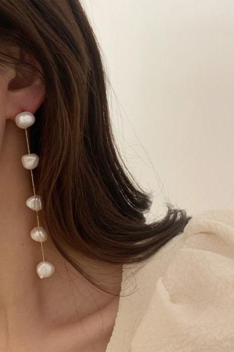 Classic Irregular Natural Freshwater Pearl Beaded Long Earrings For Women Party Jewelry
