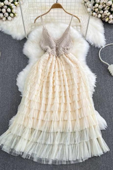 Hollow Knit Vest Patchwork Dress ,cute Dress,sweet Slimming A-line Layer Cake Mesh Dress
