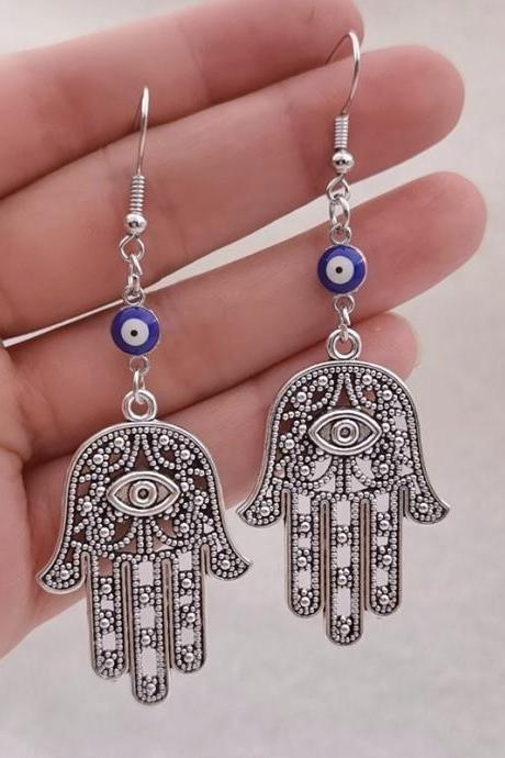 Bohemian Hand Of Hamsa Earrings For Good Luck,large Hand Of Fatima Earrings,evil Eye Earrings,modern Hippie,gothic Boho