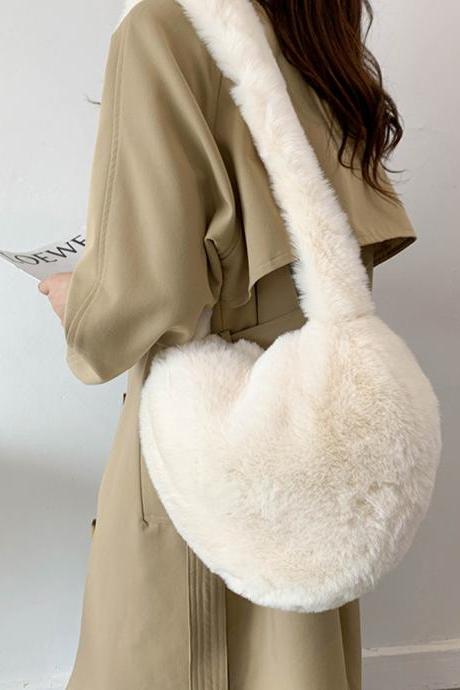 Autumn Winter Shoulder Bag Love Heart Shape Plush Women Tote Bag Soft Fluffy Ladies Tote Handbags Solid Color Fluffy Tote Bags