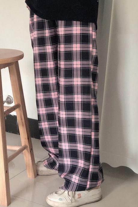Black and Pink Plaid Pants Oversize Women Pants High Waist Loose Wide Leg Trousers Ins Retro Teens Straight Trousers Streetwear