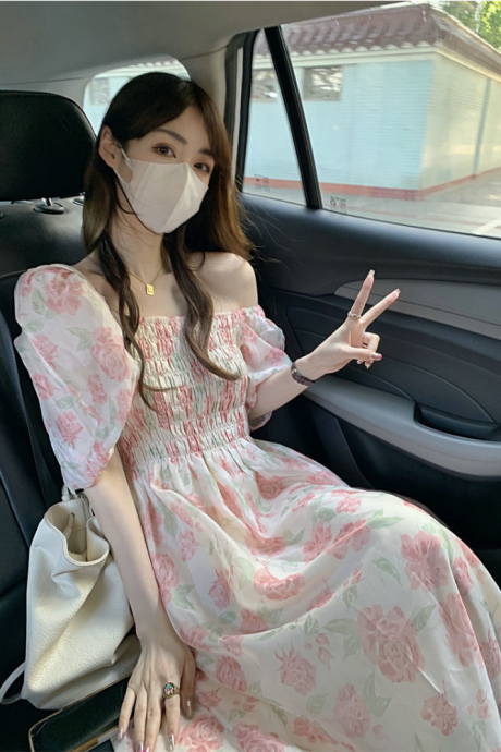 Floral Midi Dresses Summer Princess Aesthetic Popular Chic Vintage Designed French Style Lady Sundress Square Collar