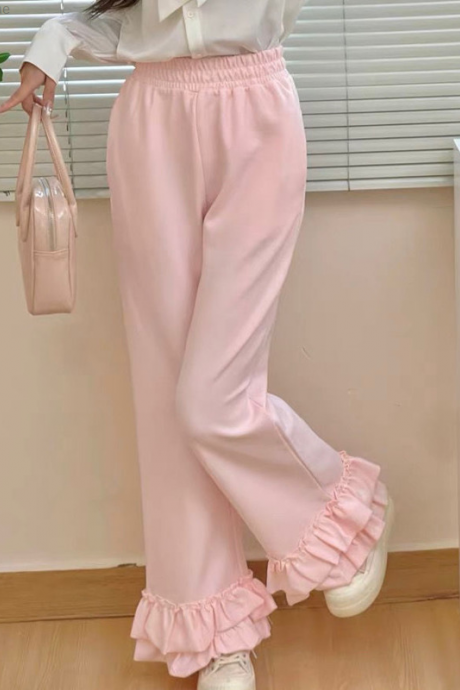 Pink Ruffled Edge Sweet Elastic Waisted Cute Wide Leg Pants For Women 2000s Summer Slim Loose Fitting French Chic Long Trousers