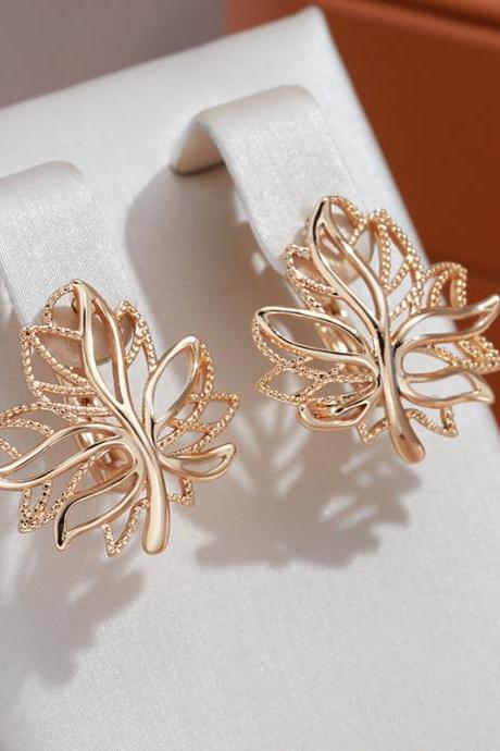 Glossy Hollow Clip Earrings 585 Rose Gold Life Tree Bling Hoops Wedding Earrings For Women Golden Jewelry Christmas Gift