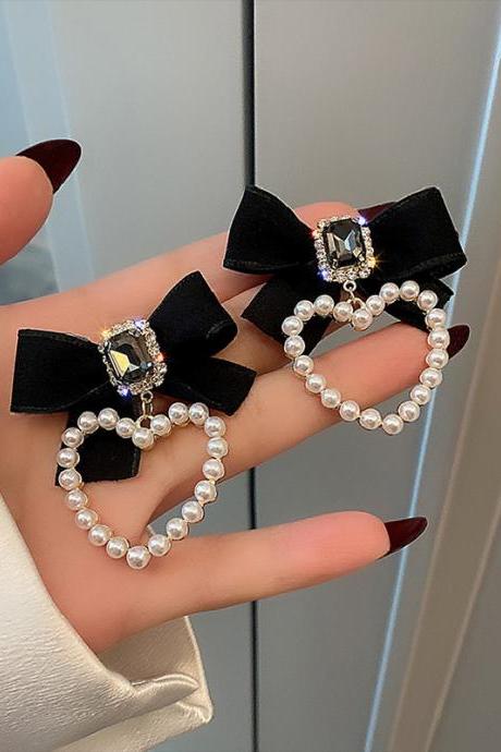 Korean Black Bowknot Heart Pearl Drop Earrings For Women Girls Fashion Shiny Crystal Love Wedding Dangle Earring Jewelry