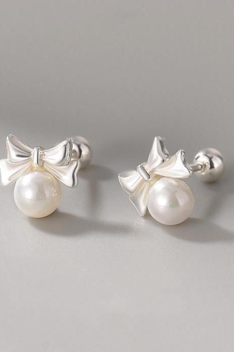 Sterling Silver Korean Sweet Cute Pearl Bow Stud Earrings For Women Girl Wedding Party Jewelry