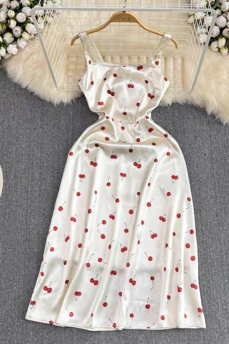 Vintage Acetate Satin Slip Dress, Waist Slimming Sleeveless Dress,cherry Printed A-line Dress