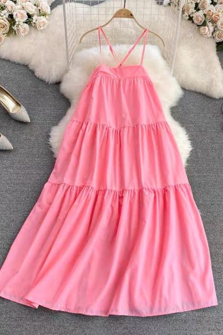 Spaghetti Strap Dress,cute Casual Dress,pink Bacless Dress