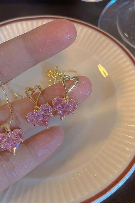 3pcs Trendy Y2k Heart-shaped Zircon Pink Crystal Pendant Earrings Necklaces Set For Women Heart Elegant Exquisite Party Jewelr