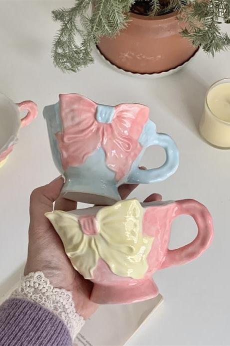 Korean Hand-painted Three-dimensional Bow Ceramic Mug Cute Girl Heart Coffee Cup Ins Niche High Beauty Teacup Water Milk Cups