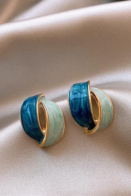 Double Arc Cross Enamel Stud Earring For Women Personality Contrast Color Blue Geometric Earring Jewelry Party