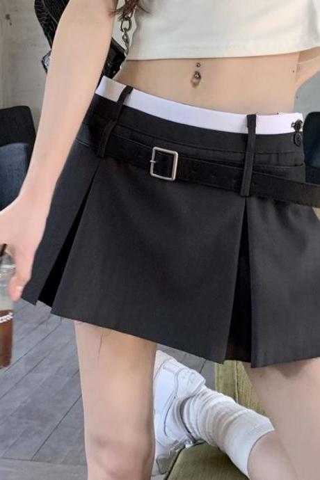 Pleated Mini Skirt For Women Korean Style Summer Patchwork High Waist Casual Belt A-line Skirt Shorts Streetwear