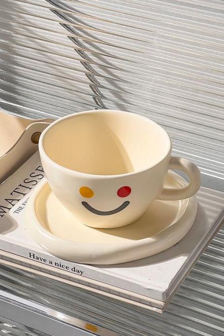 Ins Wind Hand-pinched Smiling Face Ceramic Coffee Cup Afternoon Flower Tea Cup And Saucer Set High-value Mug Breakfast Cup