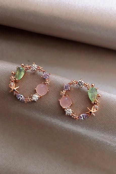Classic Round Pink Green Crystal Stud Earrings For Women Sweet Flower Cirlce Jewelry