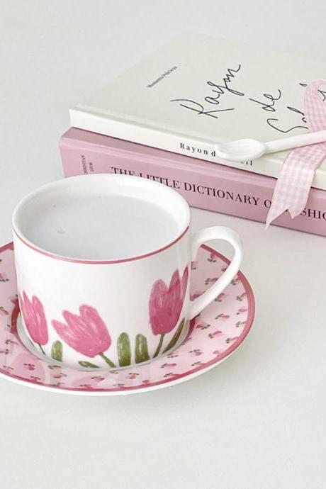 Tulip Design Korean Ins Style Pink Tulip Coffee Cup Set Ceramic Breakfast Milk Cup Kawaii Coffee Mug With Saucer