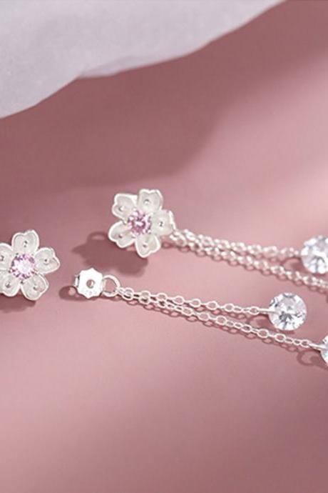 925 Sterling Silver Tassel Chain Cherry Blossoms Drop Earrings For Women Girls Wedding Elegant Korean Party Jewelry Gift
