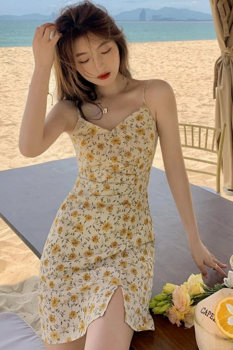 Dress Women Sexy V-neck Floral Summer Holiday Fashion Korean Style Slim A-line Beach Wear