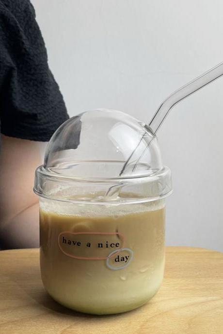 Ins Glass Straw Cup Korean Style Letter Printed Transparent Coffee Cup With Lid Portable Milk Juice Mug Home Cafe Drinking Glass