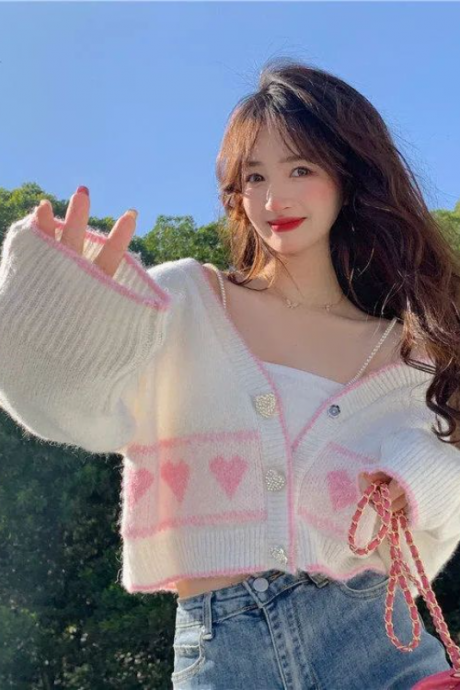 Korean Style Heart Crop Sweater Cardigan Women Japanese Kawaii Sweet V-neck Knitted Tops Oversize Long Sleeve Jumper
