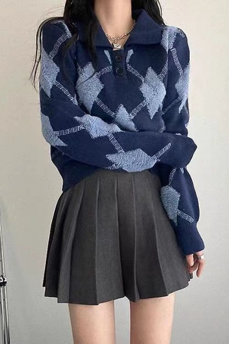Korean Style Argyle Print Sweater Women Preppy Blue Polo Collar Fashion Knitted Jumper Female Autumn Winter Pullovers