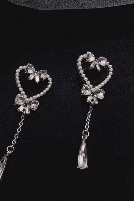 Vintage Imitation Pearl Love Bow Earrings For Teens Women 2021 Trend Korean Long Tassel Crystal Earrings Punk Metal Chain Earrin