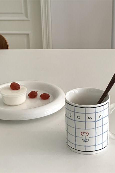 Korean Version Of Ins Style Cute Checkered Flower Rabbit Funny Cartoon Hand Drawn Mug Breakfast Coffee Ceramic Cup