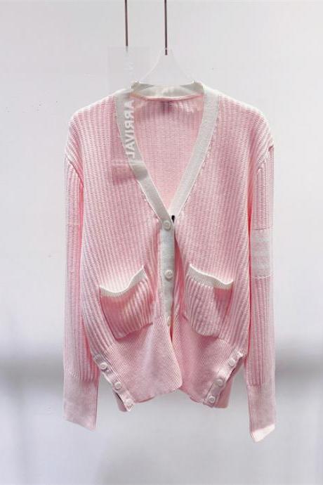Korean Style Autumn Pink Vertical Striped Wool Knitted Cardigan V-neck Contrast Color Mid-length Casual Coat