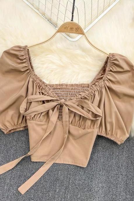 Sexy, Square Neck, Clavicle Top, Pleated Top, Puffy Sleeve Shirt, Bow Cropped Top