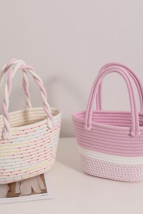 Pink Cotton Woven Bag 2023 Women&amp;amp;#039;s Crossover Design Handle Contrast Stripe Handbag Beach Holiday Picnic Storage Basket