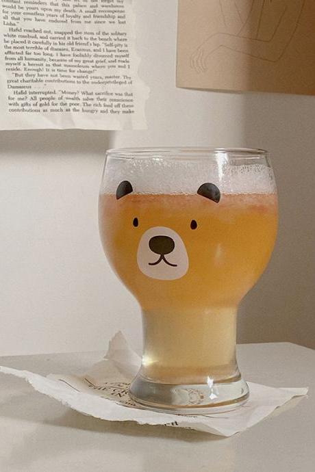 Korean Style Bear Print Transparent Glass Cup Creative Cute Beer Mug Drink Glass Large Capacity Mug Heat Resistant Water Bottle