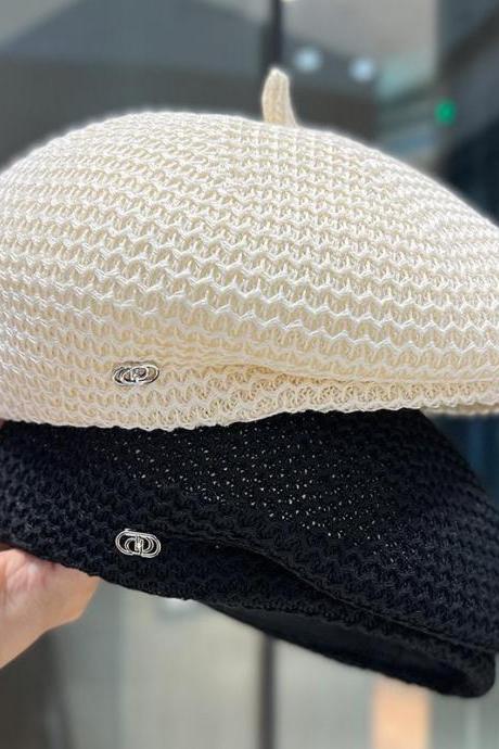 Women Fixed Pleated Paper Straw Beret Summer Milk Silk Knit Breathable Big Artist Fashion Newsboy Hat