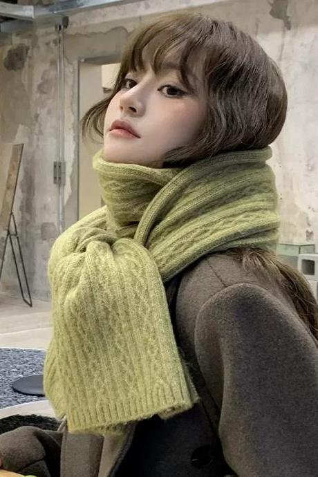 Fashion Solid Checked Winter Knitted Scarf For Women Design Warm Wool Yarn Neck Elastic Long Muffler Korean Style Shawl Wraps
