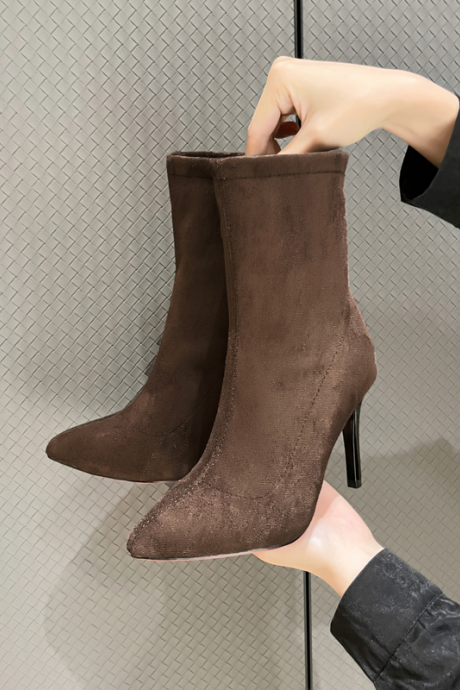 Elastic Socks Boots Sexy Zipper Knitted Women Stilettos Fashion Pointed Toe Elegant Suede Autumn And Winter Ankle Boots