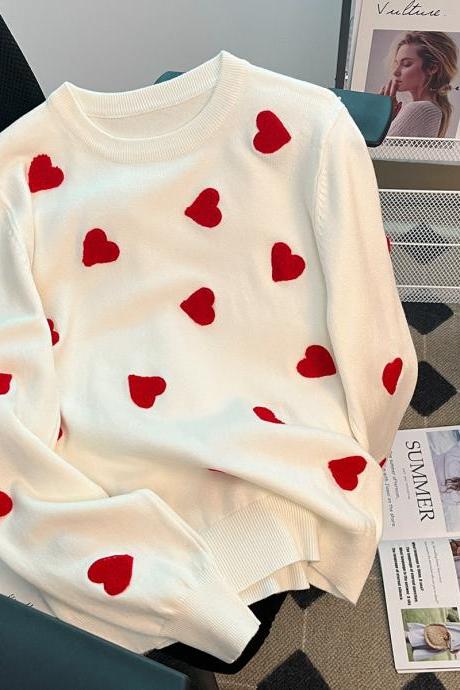 Red Love Heart Flocking Sweater Women O-neck Korean Fashion Knitted Pullover Long Sleeve Tops Black White Autumn