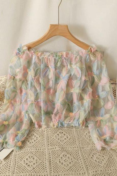 Sweet Crop Top, Off-shoulder Long Sleeve 3d Flower Mesh Shirt, Short Cute Top
