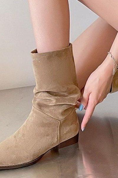 Western Natural Suede Women's Boots, Narrow Pointed Thick Short Boots, Retro, Pleated, Fashionable, Autumn And Winter