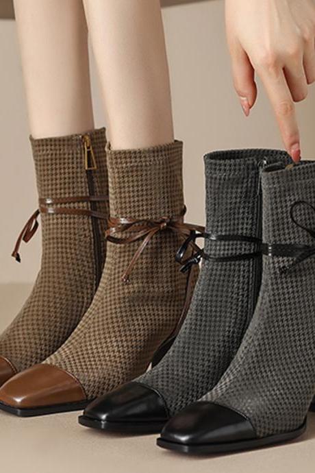 Winter Women High Heels Shoes Chunky Square Toe Bow Chelsea Ankle Boots Brand Trend Retro Zipper Boots Pumps Sock Botas