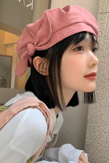 Korean Bow Beret Women Spring Summer Versatile Cute Solid Color Painter Hat Adjustable Sweet Pumpkin Cap