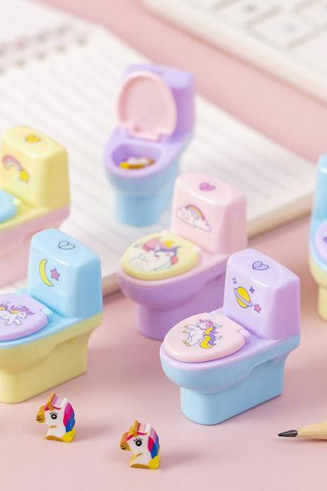1pcs Pencil Sharpener Creative Toilet Shape Cartoon Unicorn School Supplies Gift Accessories With Eraser Korean Stationery