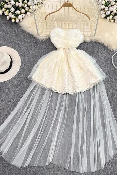 Cute Dress,spaghetti Strap Dress,beige Dress,lace Dress