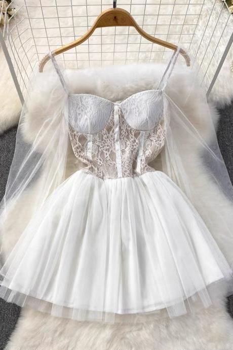Cute Dress,spaghetti Strap Dress,white Dress,long Sleeve Tulle Dress