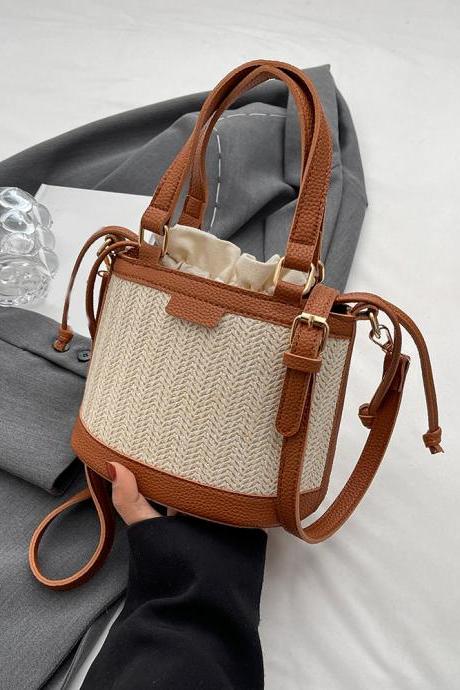Drawstring Straw Bucket Shoulder Bags For Women Top Handle Bags Summer Beach Rattan Boho Casual Woven Bags Female Handbag Clutch