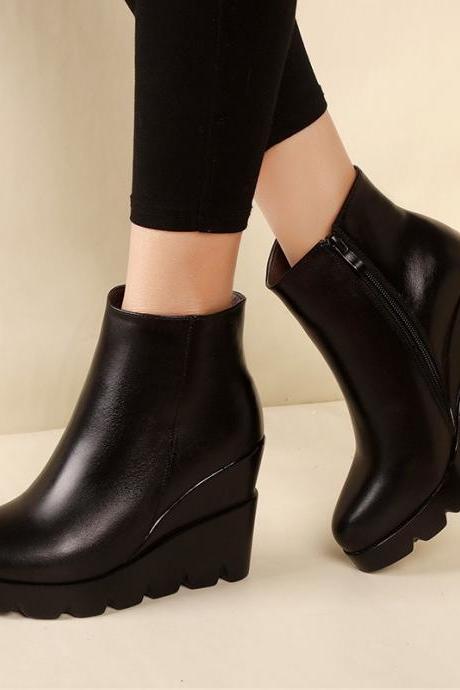 Women's Shoes Trend Autumn Winter Soft Leather Platform High Heels Wedges Ankle Boots For Woman Fashion Boot Women