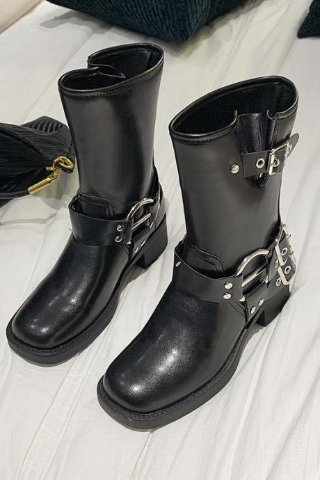 Woman Boots Knee High Platfrom Studded Spring Summer Knight Combat Gothic Elegant Medium Heel Women's Shoes Motorcycle Footwear