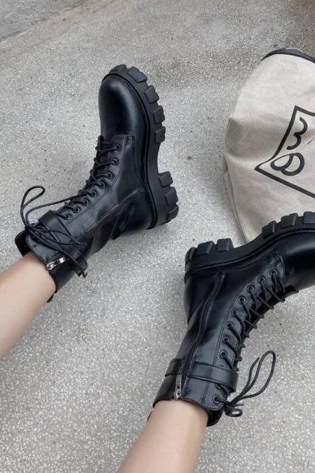 Autumn Boots Women Fashion Black Leather Platform Gothic Boots Punk Combat Mid-calf Boots For Women