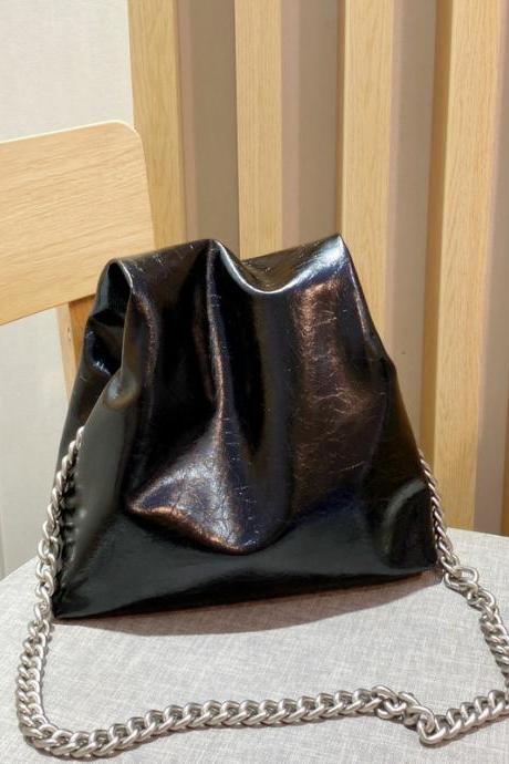 Dark Retro Women&amp;amp;amp;#039;s Thick Metal Chain Handbag Ladies Versatile Large Capacity Shoulder Bag Soild Color Pu Messenger Bag